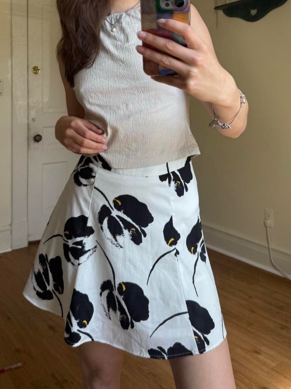 Lush White Circle Skirt with Black Floral Print and Yellow Accents